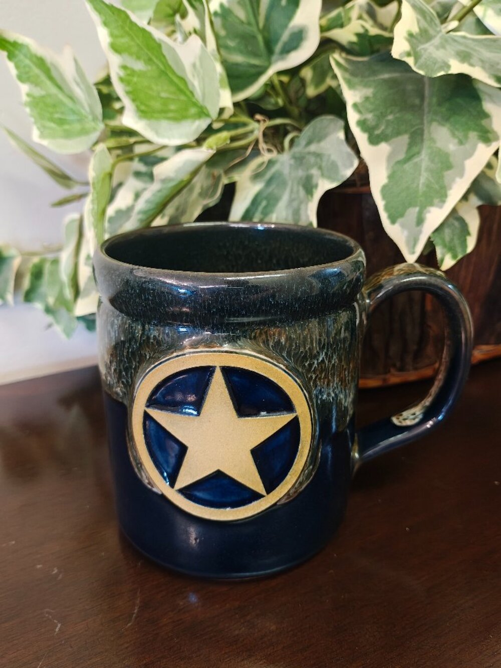 Deneen Pottery Blue Tan Drip Glaze Star Medallion Handmade USA Stoneware Art Mug